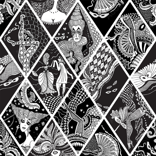 Vector Carnival Party seamless pattern. Harlequin black and white rhombus, Mardi Gras and Masquerade holiday