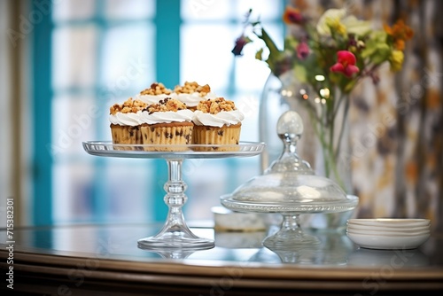muffins with streusel topping on a glass cake stand
