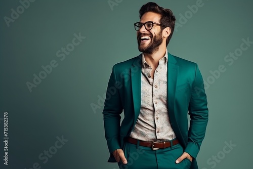Handsome young man in a green suit and glasses. Studio shot. photo