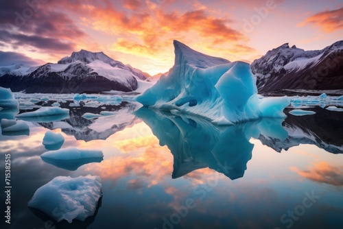  a group of icebergs floating on top of a body of water with snow covered mountains in the background.