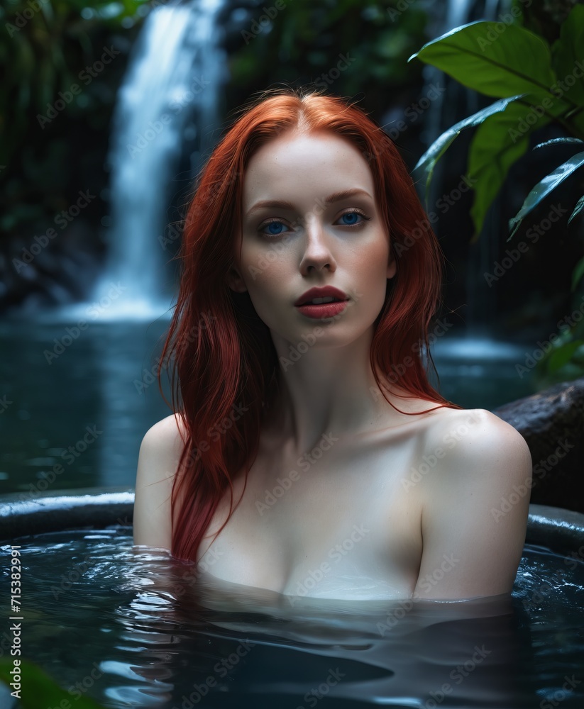 a woman with red hair is in a pool of water near a waterfall 