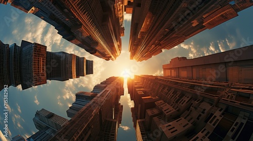  a view of a city from the ground looking up at tall buildings and a bright sun in the middle of the sky.