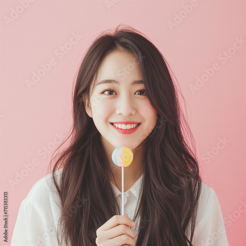 Young asian woman with long hair, holding a colorful lollipop, smiling radiantly, pink background. white day - Generative AI photo