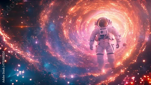 Astronaut at spacewalks. in colorful cosmic. Astronaut cosmonaut discovery of new worlds of galaxies panorama, fantasy portal to far universe. Astronaut space exploration, gateway to another universe. photo