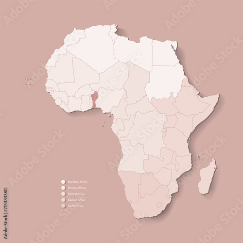 Vector Illustration with African continent with borders of all states and marked country Benin. Political map in camel brown with central, western, south and etc regions. Beige background