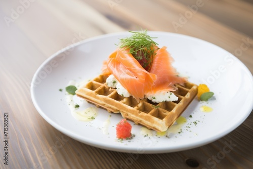savory waffle topped with smoked salmon and cream cheese