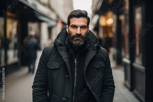 Portrait of a handsome bearded man in a black jacket on a city street.