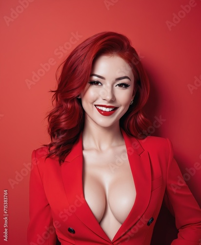 a woman with red hair and a red suit smiling at the camera