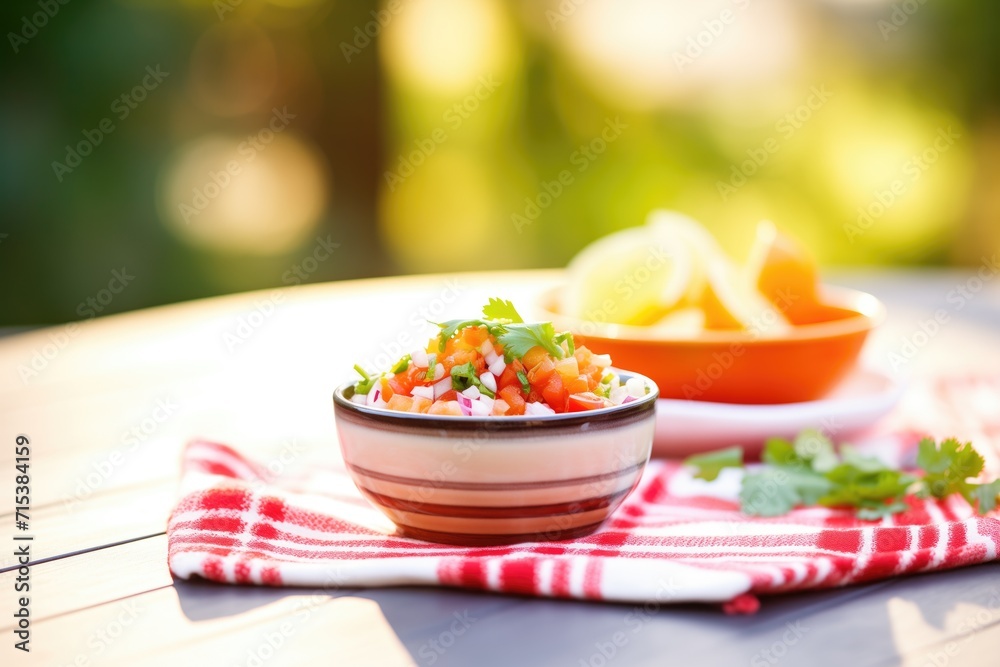 bright pico de gallo on a sunny picnic table setting bright pico de gallo on a sunny picnic table setting