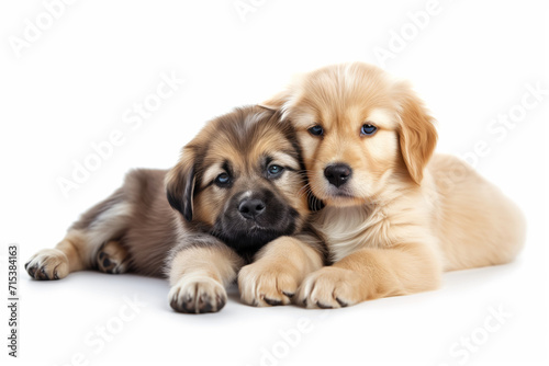 Two small puppies lying side by side on a white background 