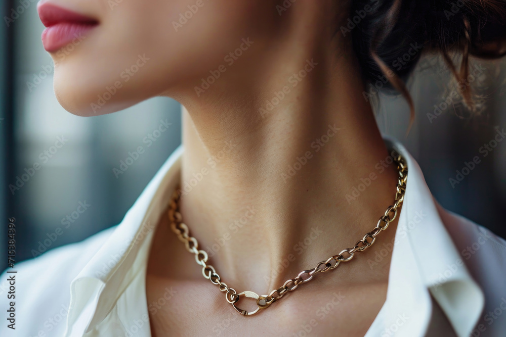 The elegance of a woman's neck adorned with a stylish gold chain necklace
