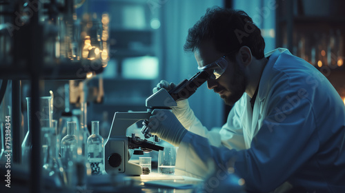 Scientist Using Microscope in Laboratory. Expert in lab coat examines samples under a microscope in a modern laboratory.