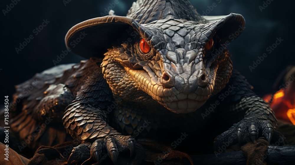 Fototapeta premium A snake wearing a witches hat, realistic 