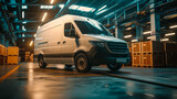 Modern Delivery Van in Warehouse. A white cargo van inside a well-lit industrial warehouse.