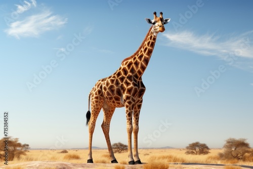  a giraffe standing in the middle of a dry grass field with a clear blue sky in the background. © Nadia