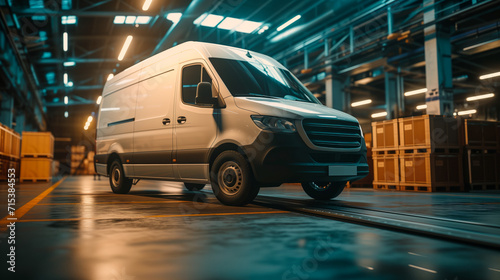 Modern Delivery Van in Warehouse. A white cargo van inside a well-lit industrial warehouse.