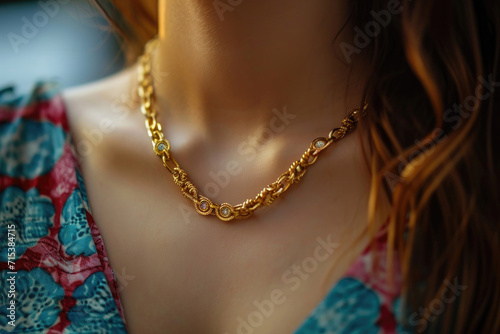 The golden embrace of a chain necklace on a woman's neck