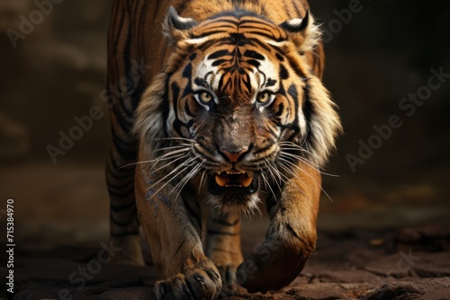  a close up of a tiger walking on a dirt ground with it's mouth open and it's mouth wide open. © Nadia