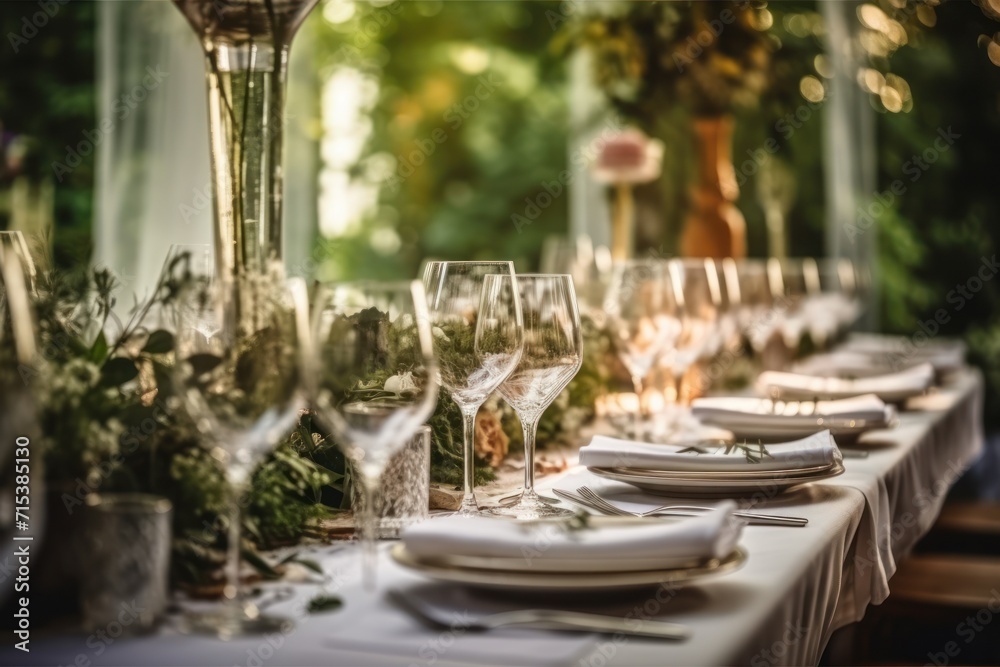  a table set for a formal dinner with wine glasses, plates and napkins, and greenery on the table.