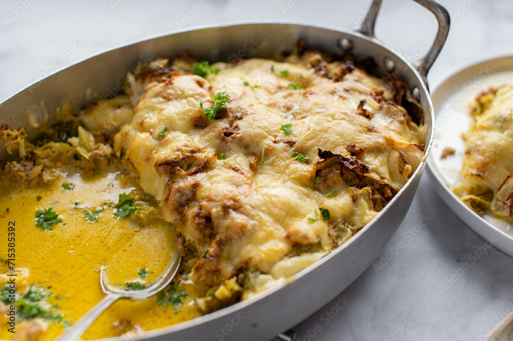 Casserole with minced meat, savoy cabbage and cheese Casserole with minced meat, savoy cabbage and cheese