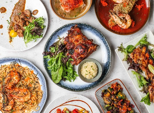 Grilled pork ribs with plain rice, grill beef cube tikka, prawn mentaiko pasta, prawn truffle capellini, brussel sprouts, grilled belly and watermelon salad