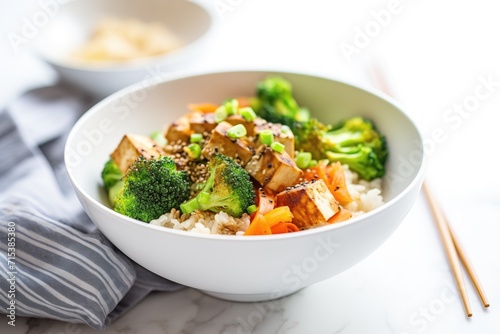 asian-style quinoa bowl with tofu and broccoli