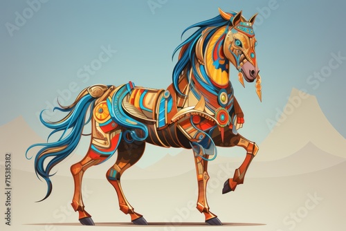  a colorfully painted horse standing in the middle of a desert with mountains in the background and a blue sky in the background.