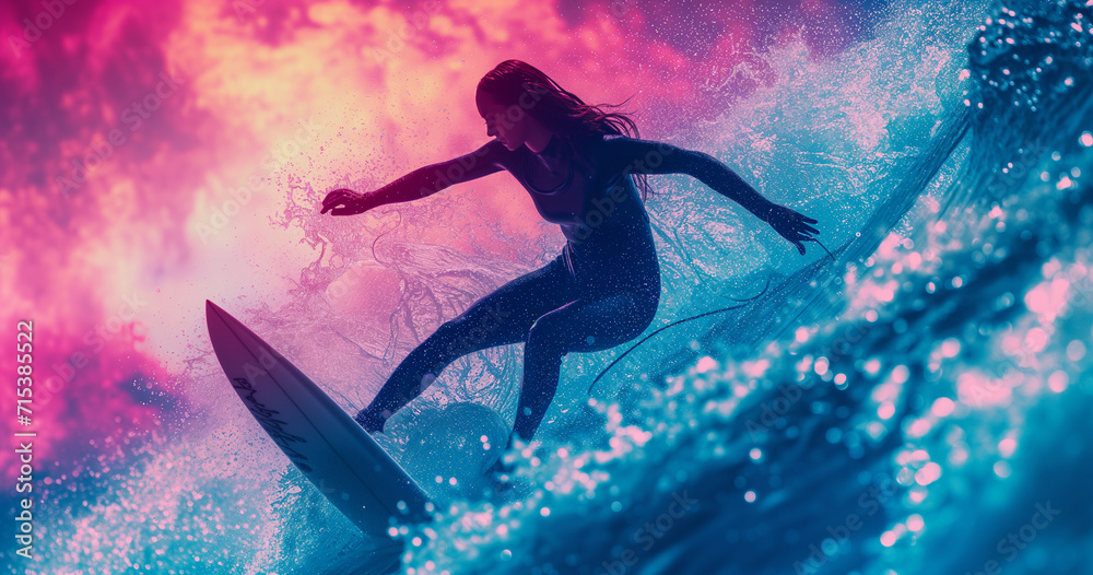 a young woman is surfing under the ocean's surface with a surfboard summer concept