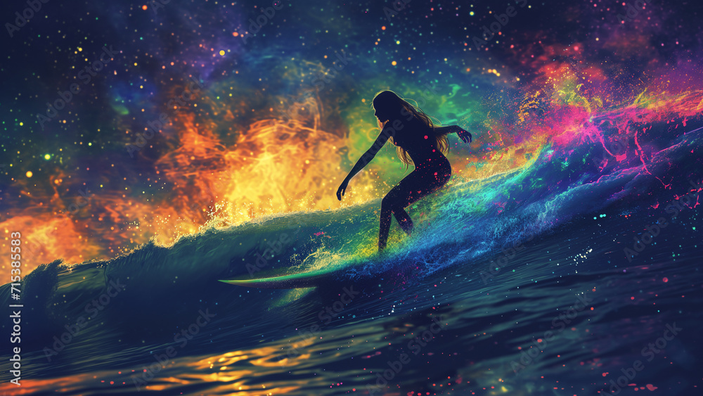 Neon Waves: A Watercolor Portrait of a Dynamic Surfer Girl