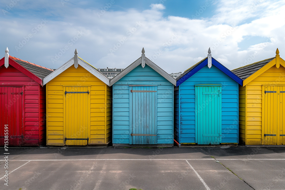 Colored bathing cabins on a beach. Beach huts or bathing houses on the beach with blue sky background. Beach huts or bathing houses on the beach with blue sky background.