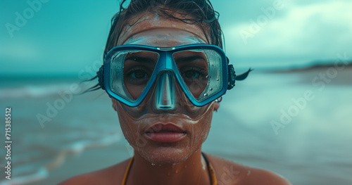 a woman wearing a with a snorkel on the beach © boyhey