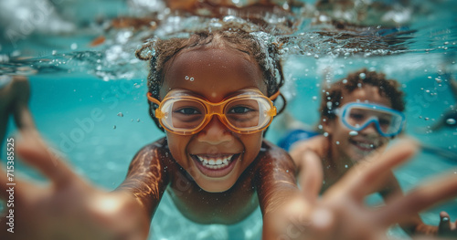 children playing under the pool with goggles summer concept photo