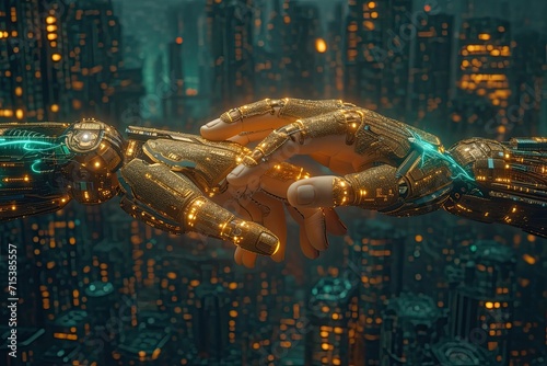 AI, machine learning, robotic and human hands touching on a background of large data networks, science and technology related to artificial intelligence, innovation, and the future.