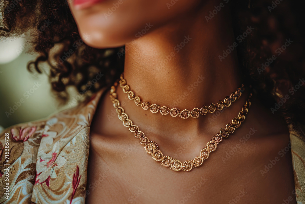 Close-up of a woman's neck adorned with a gold chain necklace
