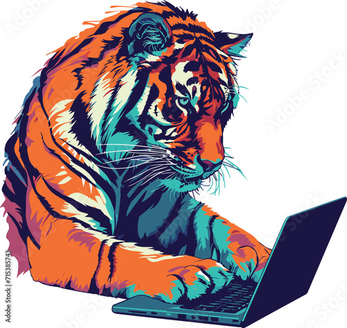 Tiger using laptop, vector illustration.