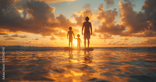 family standing on a surfboard in the ocean summer concept
