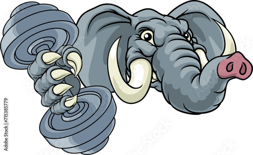 An elephant weight lifting gym animal sports mascot holding a dumbbell in its claw