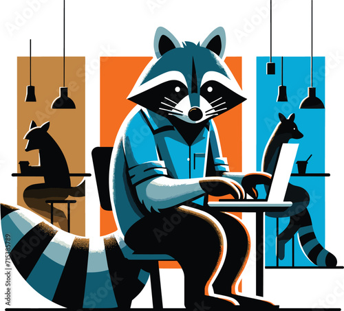 Raccoon working laptop, vector illustration.