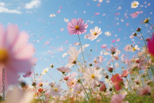 A field of cosmos flowers gently swaying in the wind, creating a rhythmic dance of colors and motion, all captured with the clarity and precision of an HD camera. © Image Studio