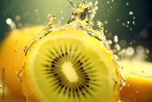  a close up of a kiwi fruit with water splashing on it's face and a slice of fruit in the foreground.