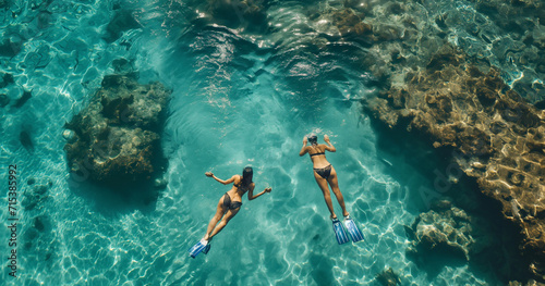 man and woman snorkeling in turquoise water with blue fish and corals high angle summer concept © boyhey