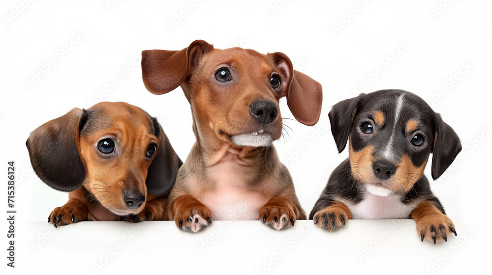 Three funny puppies on a white background peeking out from behind a white sheet, a place for your inscription