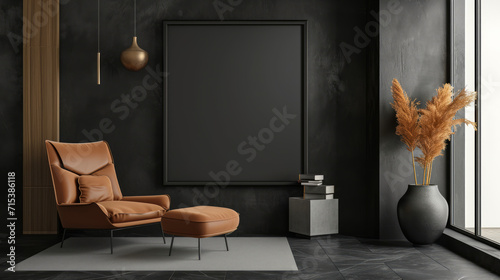 Frame mockup in modern dark home interior background. Generative Ai photo