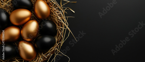 elegant golden and black Easter eggs in the basket, on a black background with empty copy space