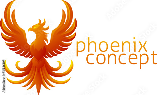 A phoenix fire bird from mythology rising with its wings spread