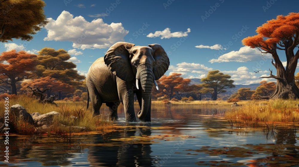 Fototapeta premium An elephant playing at a river's edge