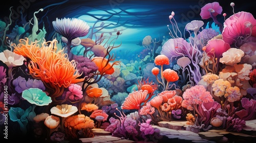 a painting of an underwater scene with corals and other marine life on the bottom and bottom of the picture. © Nadia