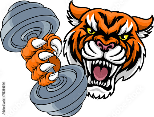 A tiger weight lifting gym animal sports mascot holding a dumbbell weight in his claw