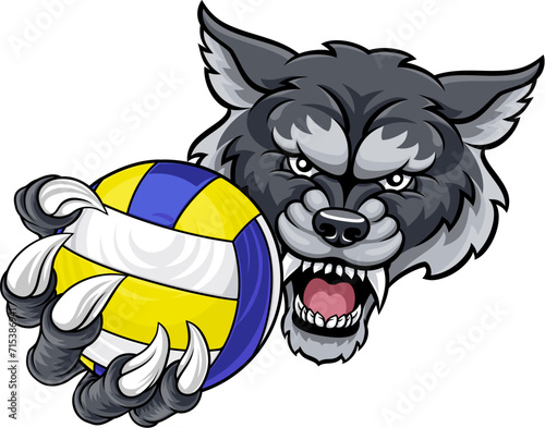 A wolf or werewolf dog volleyball animal sports mascot holding a volley ball in his claw