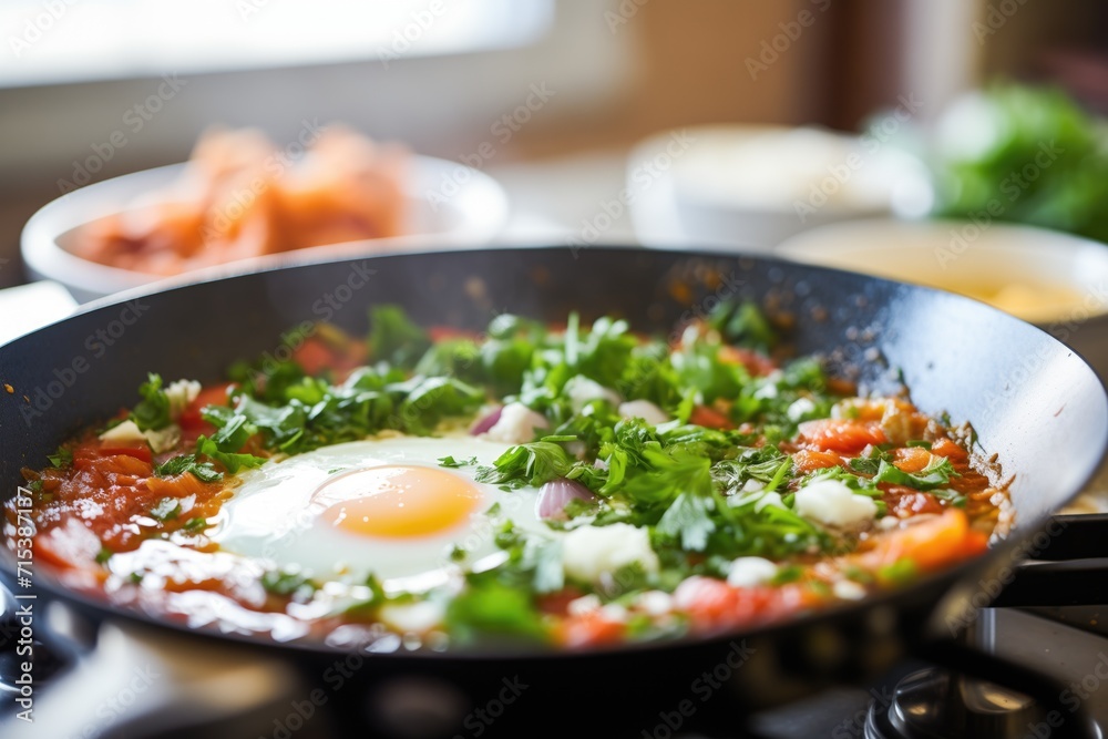 shakshuka in the making, tomato base bubbling shakshuka in the making, tomato base bubbling
